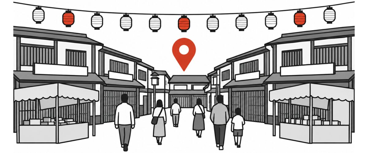 提灯が下がる祭りの通りと、地図のピンのイラスト
